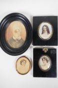 Four C19th miniature portraits of ladies, largest 5" x 4"