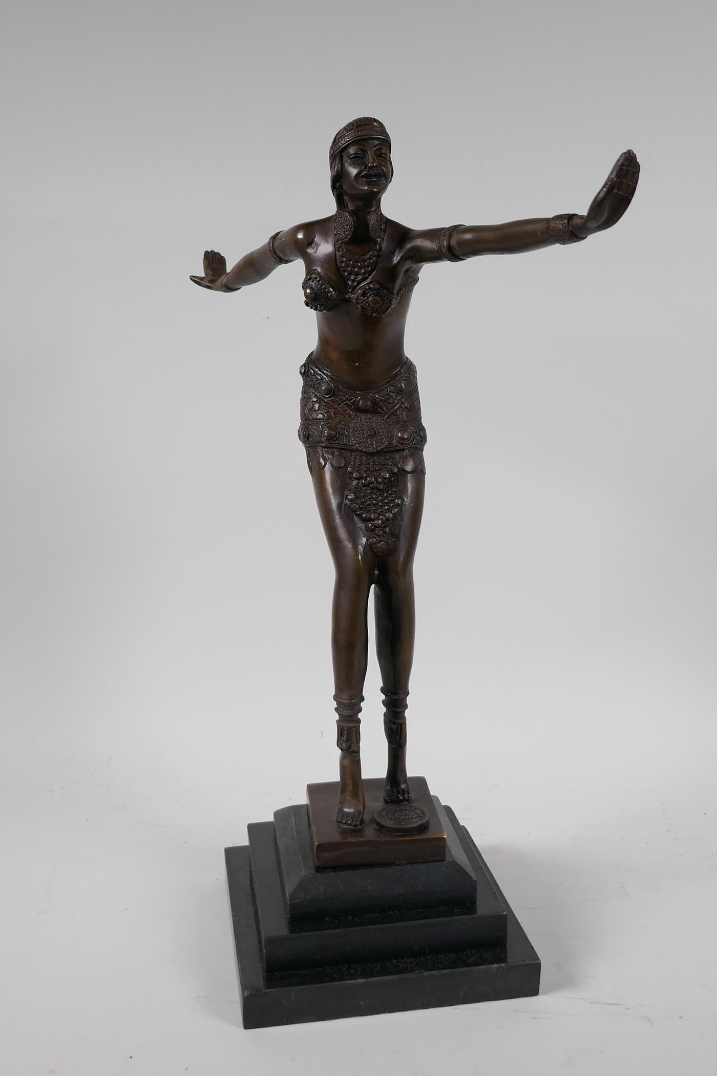 A bronze figurine of a dancer, on a stepped hardstone base, after F. Preiss. 16½" high - Image 2 of 4