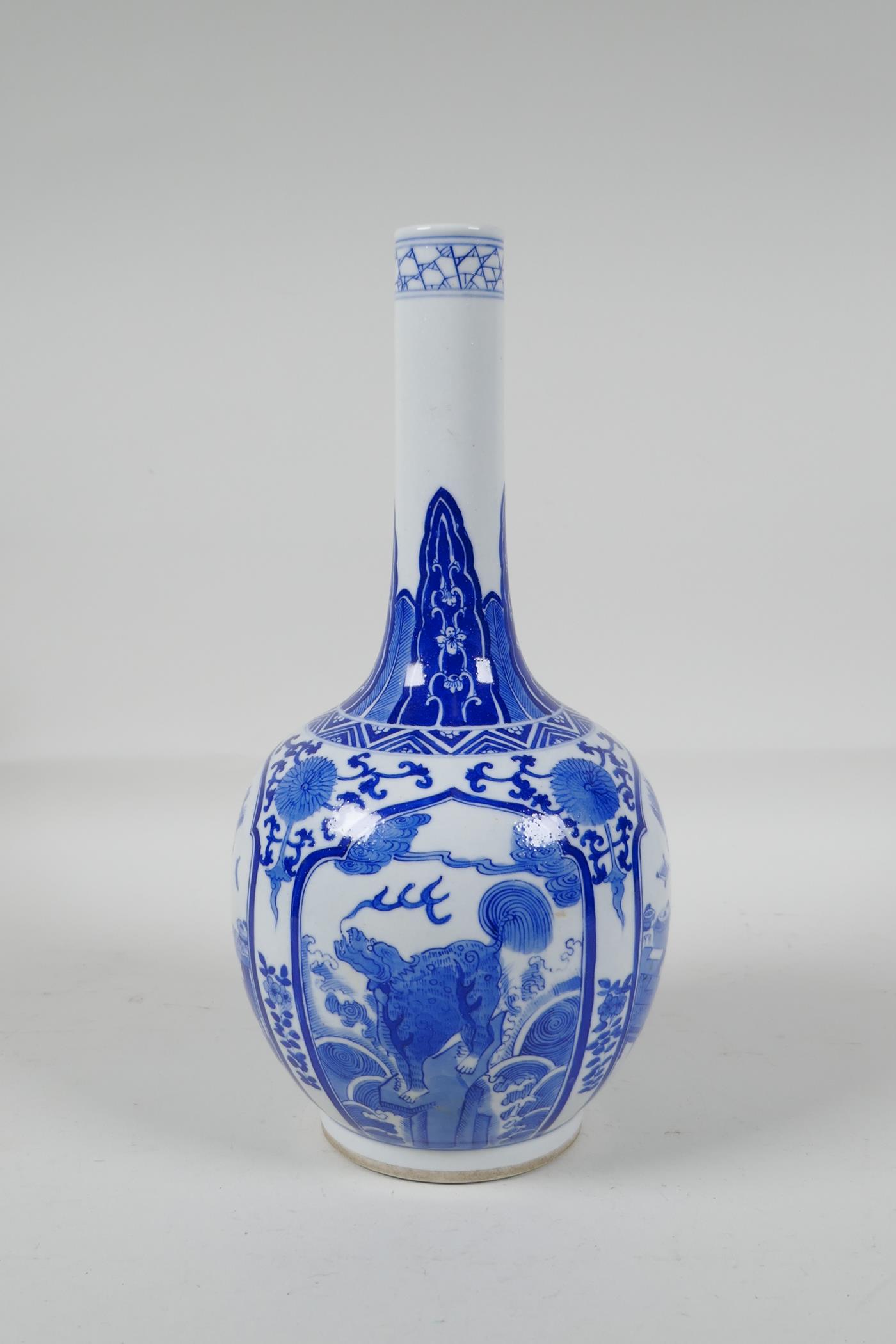 A blue & white porcelain bottle vase with decorative panels, depicting objects of virtue & kylin, - Image 2 of 5