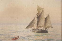 Charles Patton-Keele, sailing craft and rowing boat at sea,  'Verso Bee of Cowes', watercolour, 9" x