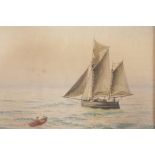 Charles Patton-Keele, sailing craft and rowing boat at sea,  'Verso Bee of Cowes', watercolour, 9" x