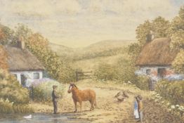 A farmstead with figures and horses, watercolour, 6" x 4"