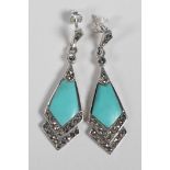 A pair of Art Deco style 925 silver, marcasite turquoise enamel drop earrings