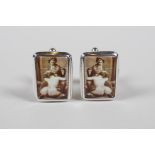 A pair of sterling silver cufflinks, set with cold enamel plaques depicting Victorian erotica