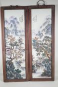A pair of Chinese famille verte porcelain panels, with printed riverside landscape decoration,