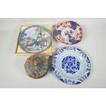 A late C18th/early C19th Chinese blue & white plate 9" diameter, A/F, a C19th Imari plate, a later