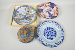 A late C18th/early C19th Chinese blue & white plate 9" diameter, A/F, a C19th Imari plate, a later