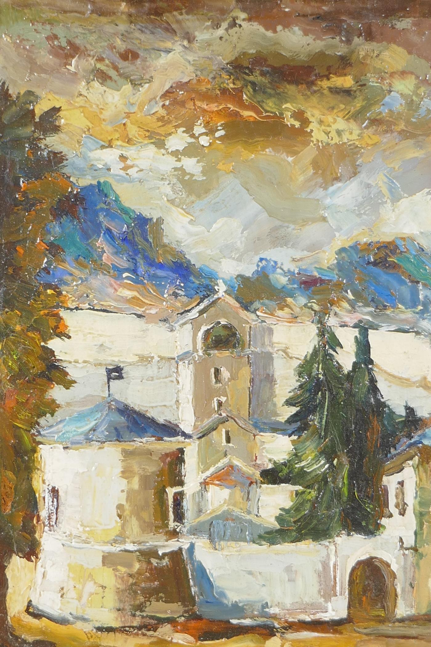 A continental village scene with mountains in the background, oil on panel,  signed, 5½" x 8"