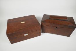 A C19th rosewood sarcophagus tea caddy, 12" x 6" x 7", and a rosewood writing box with mother of