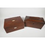 A C19th rosewood sarcophagus tea caddy, 12" x 6" x 7", and a rosewood writing box with mother of