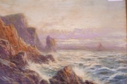 Rocky coastline with sailing ships, oil canvas, signed with a monogram and dated 1916, 14" x 10"