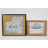 Two naive style mixed media on card, boats by a lighthouse and a study of boats with fish, largest