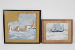 Two naive style mixed media on card, boats by a lighthouse and a study of boats with fish, largest