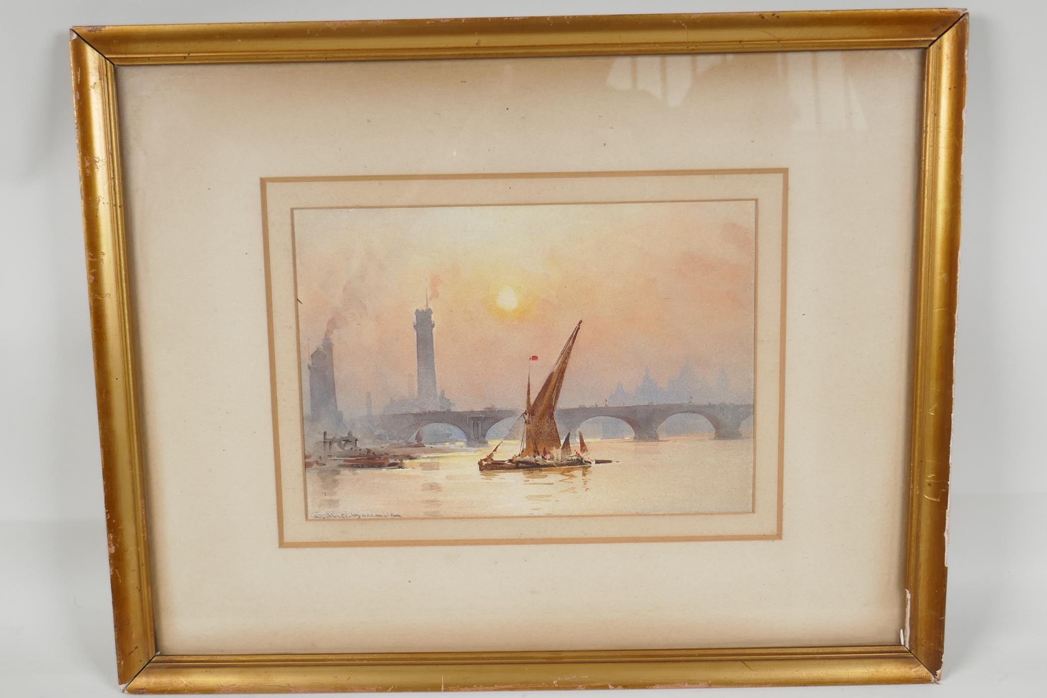 A Thames scene with sailing barge and the old London Bridge and St Pauls in the background, - Image 4 of 4