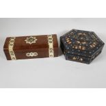 A C19th hexagonal quillwork trinket box, and a C19th rosewood glove box, with bone and mother of