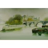 A Parisian river scene with a view of Notre Dame across the Seine, oil on canvas, 40" x 22"