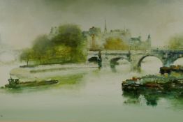 A Parisian river scene with a view of Notre Dame across the Seine, oil on canvas, 40" x 22"