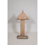 A C19th stripped pine stick stand with a carved finial, and drip tray, 31" high