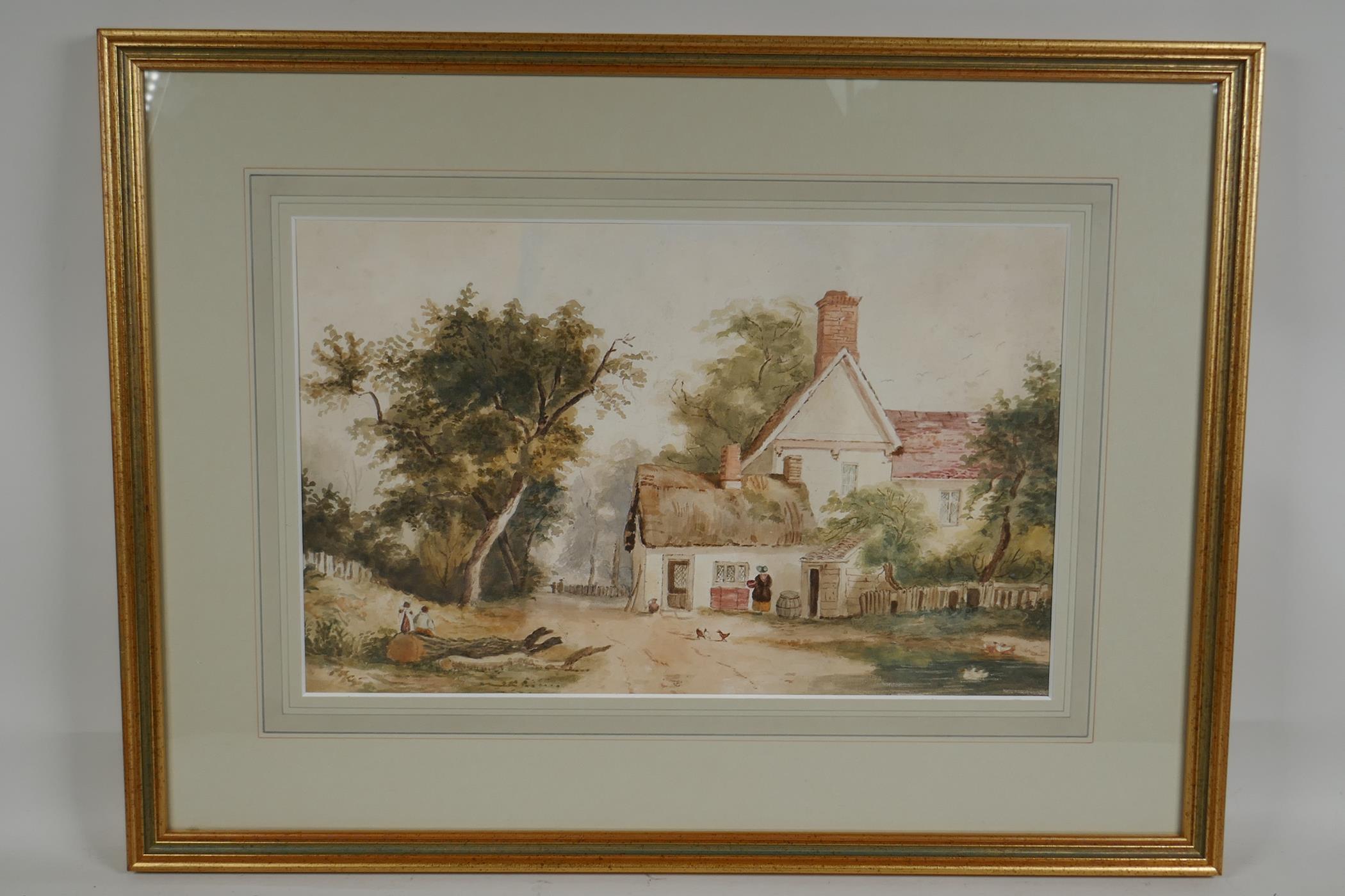 Farmhouse by a country lane, C19th naive watercolour, 15" x 9" - Image 2 of 3