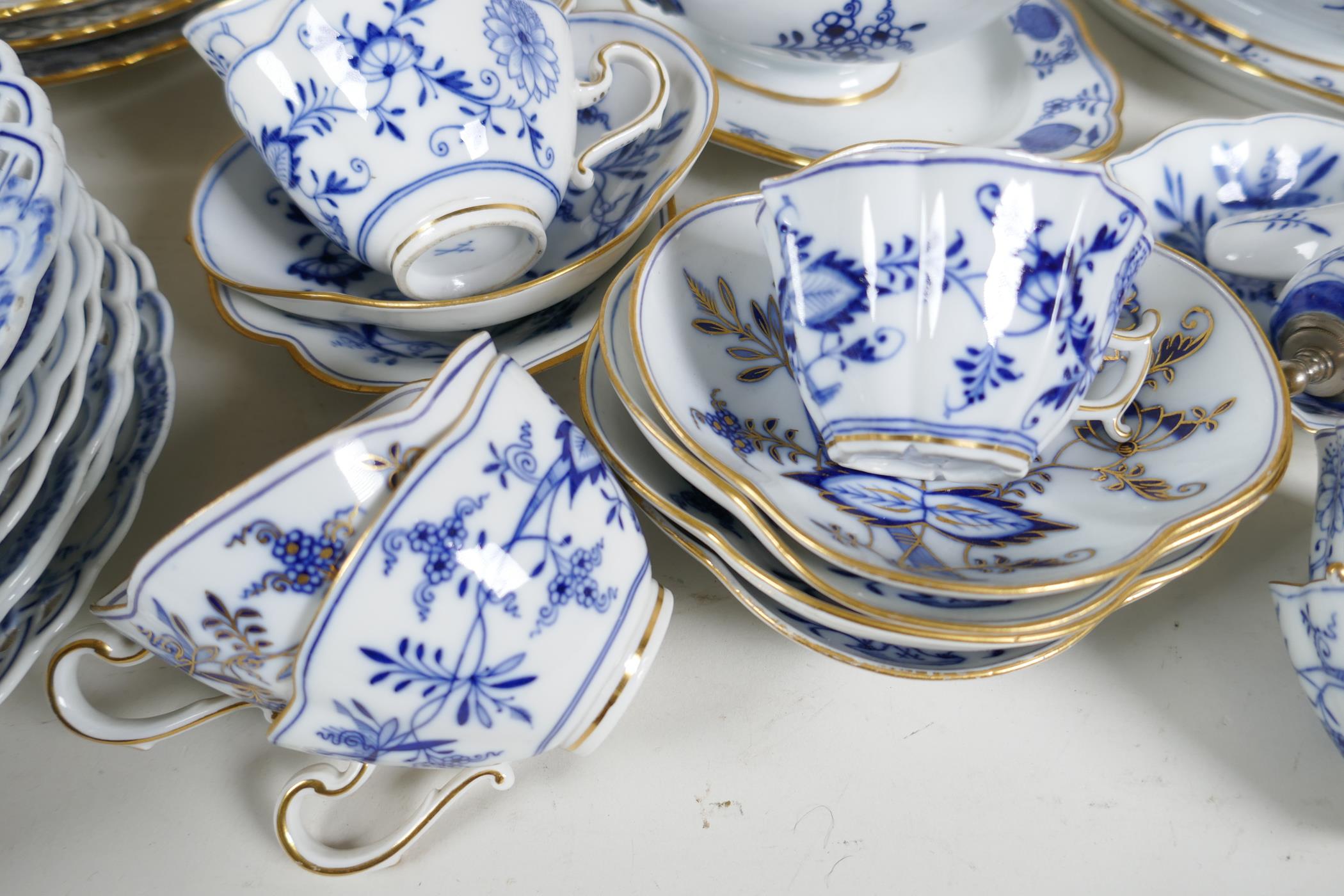 A part service of Meissen Onion pattern tea and dinner ware to include pierced rim plates, gravy - Image 3 of 8