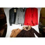 A quantity of vintage clothing, including a lady's leather jacket, Marshall & Snelgrove beaver