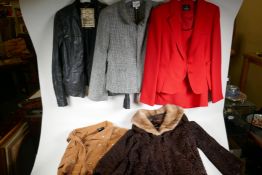 A quantity of vintage clothing, including a lady's leather jacket, Marshall & Snelgrove beaver