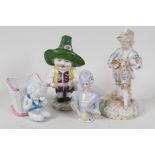 A Continental porcelain figurine of a Dandy holding two puppies, another of a corpulant man in a