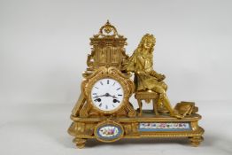 A C19th French ormolu mantel clock with inset porcelain panels, and enamel dial, Miroy Freres