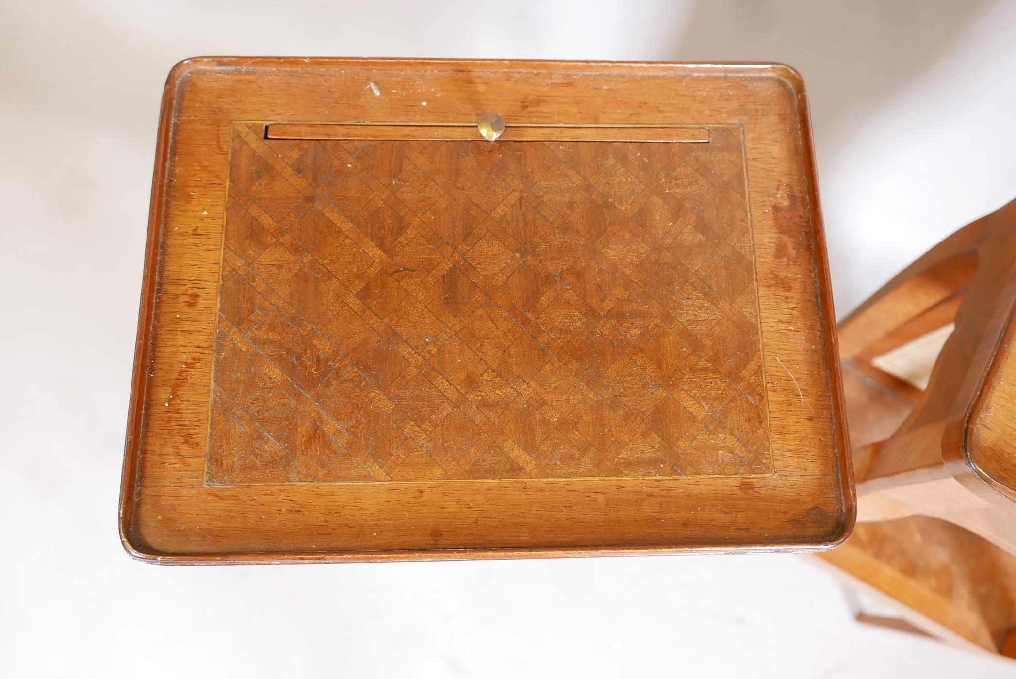 A pair of French parquetry lamp tables, with pull up screens and frieze drawer, the undertier with - Image 4 of 5