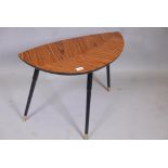 A contemporary occasional table with figured veneer top and splay supports, 30" x 16" x 20"