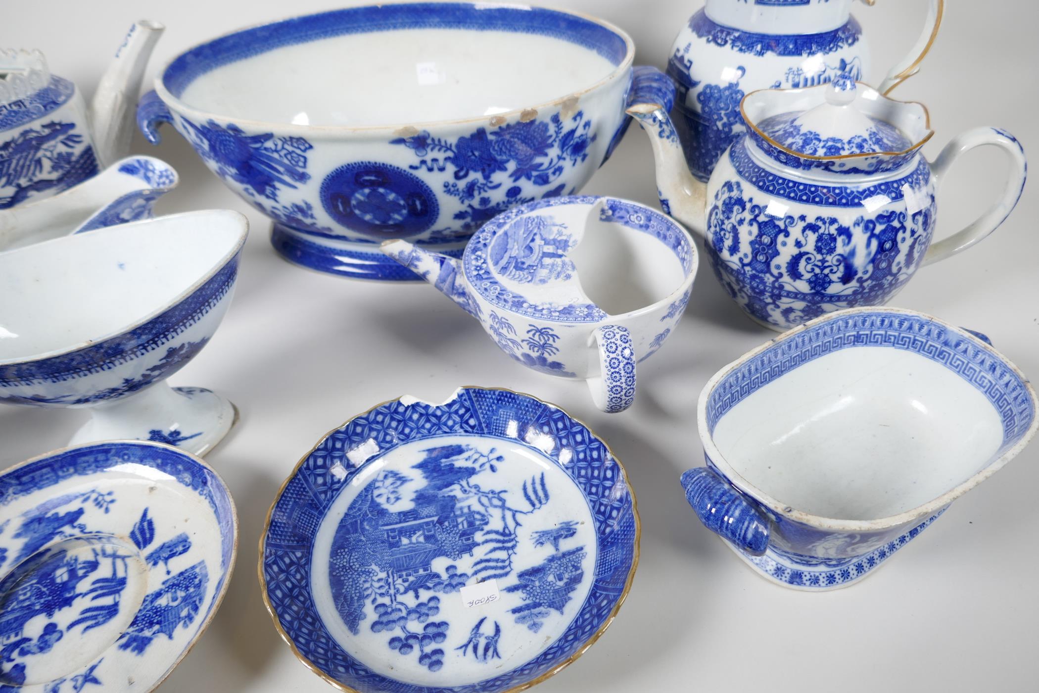 A collection of early C19th blue & white china, including pearlware teapot, Coalport jug, etc. A/F - Image 6 of 7