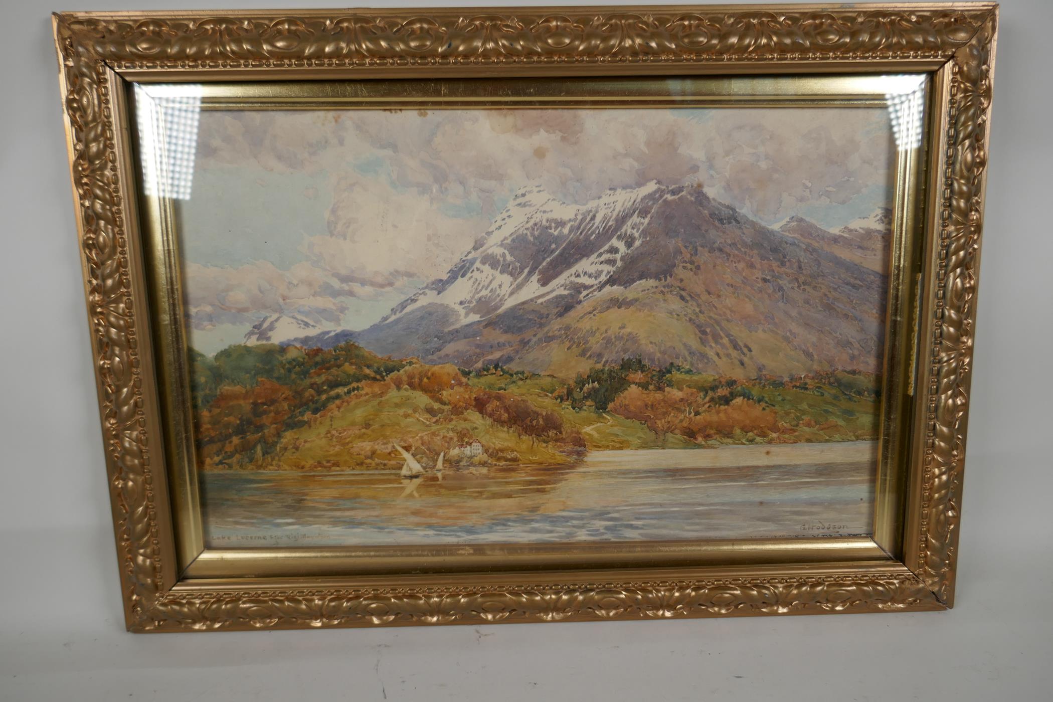 Les Hodgson, mountain lake scene, 'Lake Lucerne and the Rich Mountain', signed & dated 1903, 15" x - Image 2 of 5