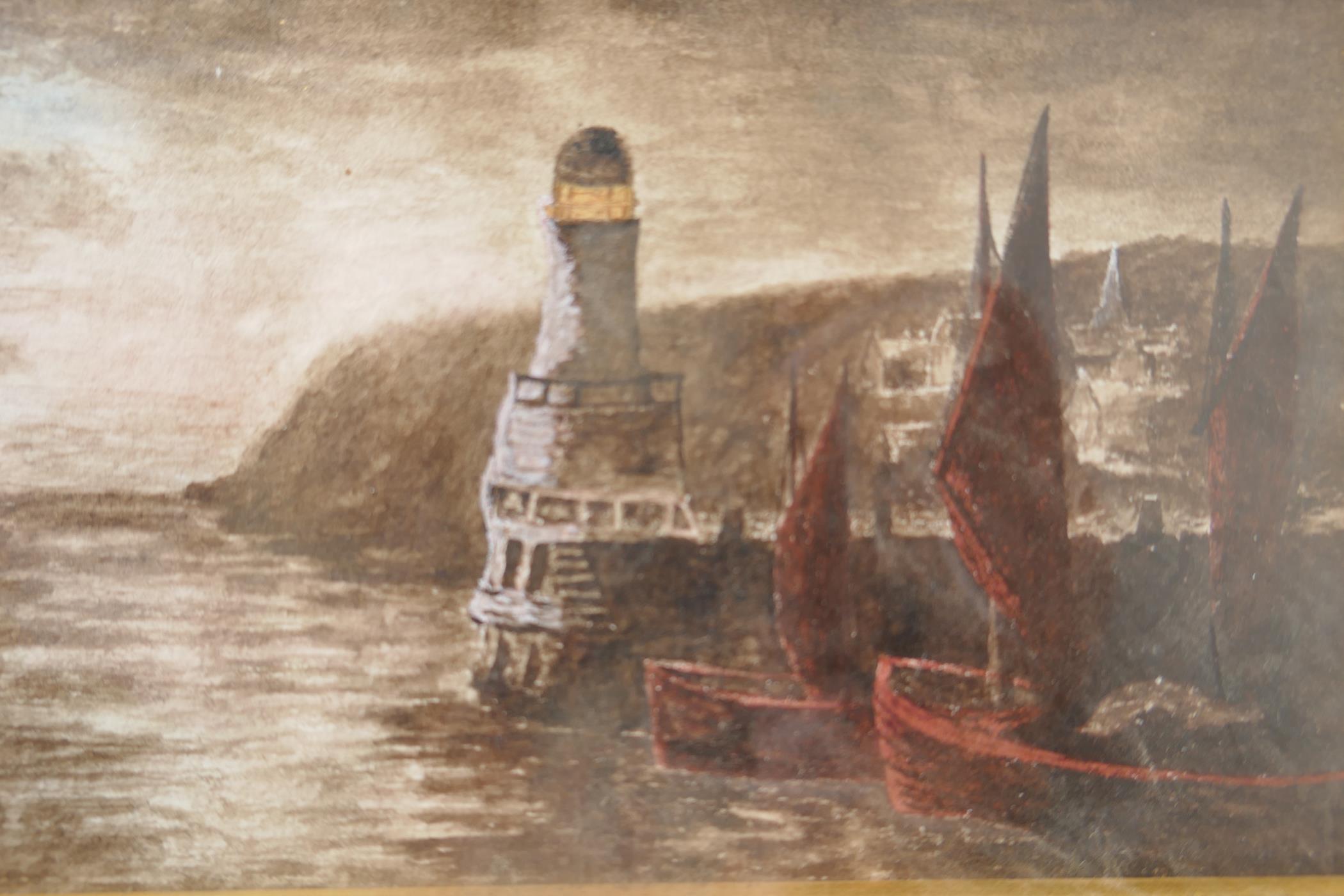 Venice Lagoon, by F. Crane, watercolour, 5 ½" x 3½", a coastal scene at night with lighthouse, - Image 2 of 4