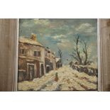 A winter street scene with lone figure in the snow, impressionist oil on board, 10" x 9½"