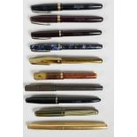 Ten Waterman fountain pens, including Ideals, 513, 515s, L.2, 512V, etc, one with an 18ct nib, the