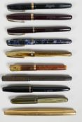 Ten Waterman fountain pens, including Ideals, 513, 515s, L.2, 512V, etc, one with an 18ct nib, the