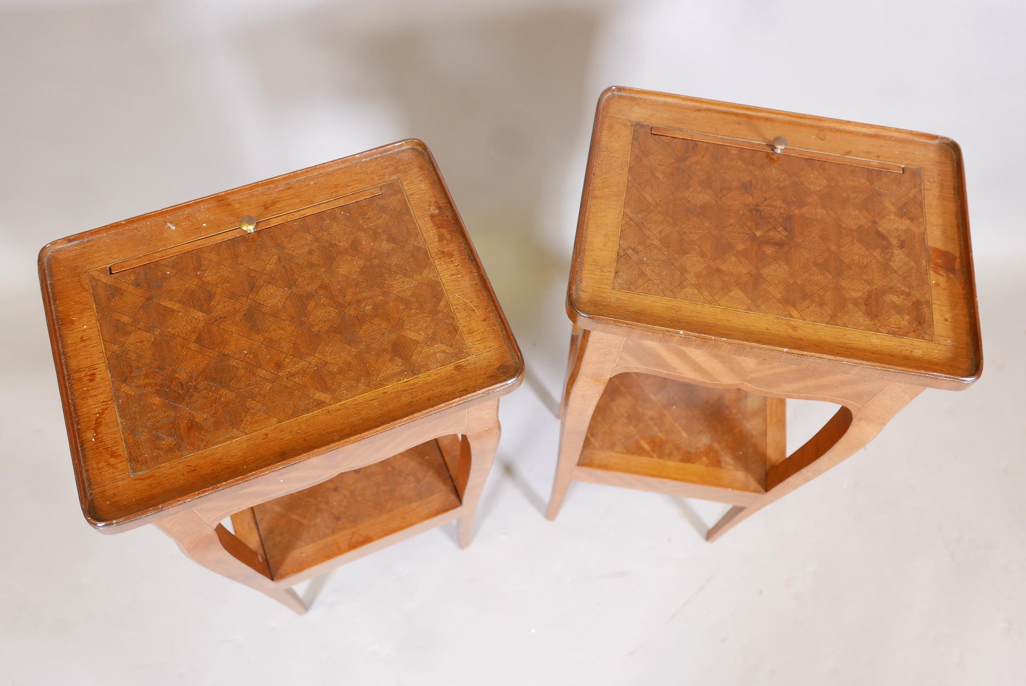 A pair of French parquetry lamp tables, with pull up screens and frieze drawer, the undertier with - Image 3 of 5