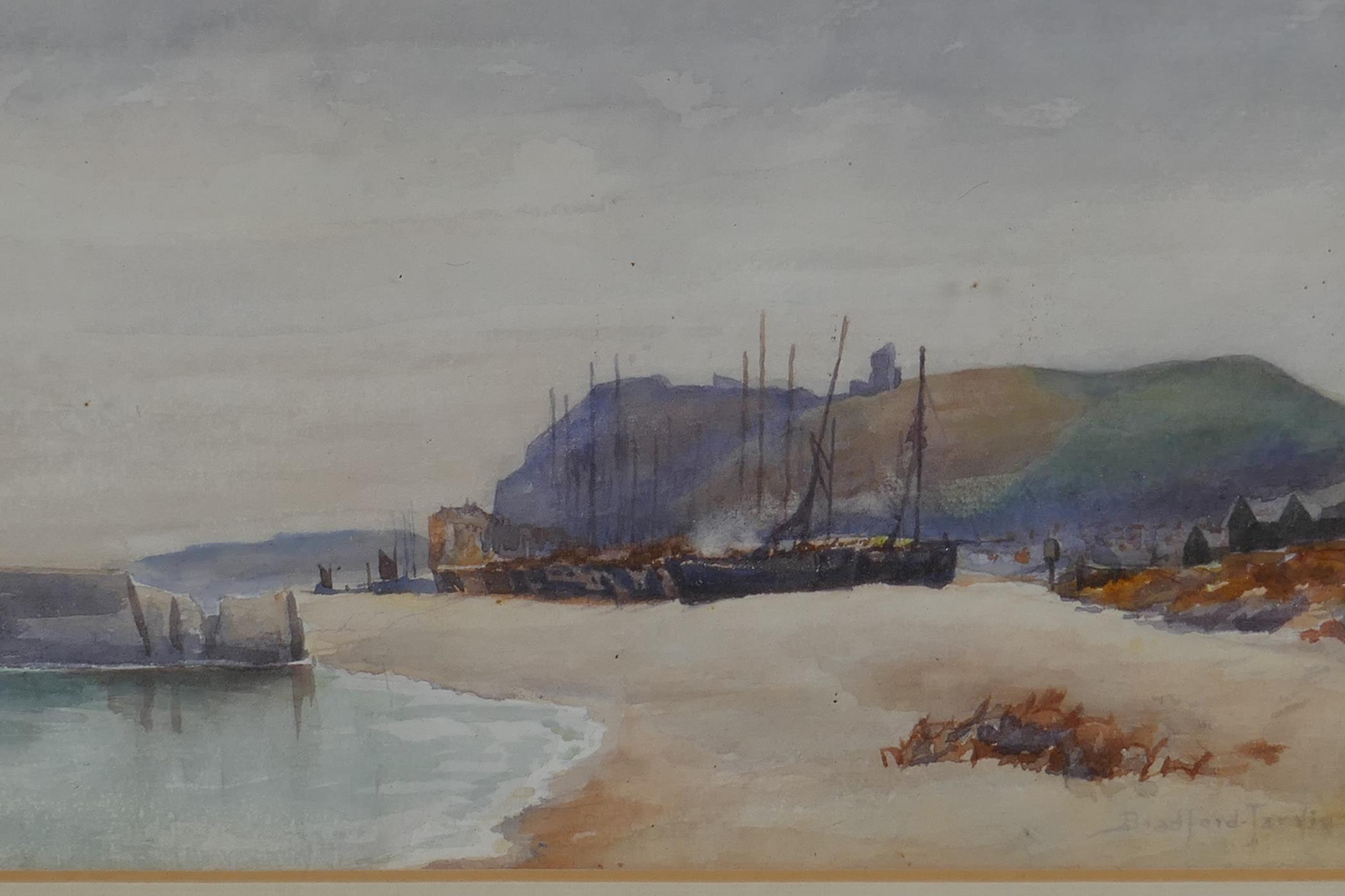 Bradford Jarvis, Coastal scene with beached boats, signed, watercolour, 11" x 7"