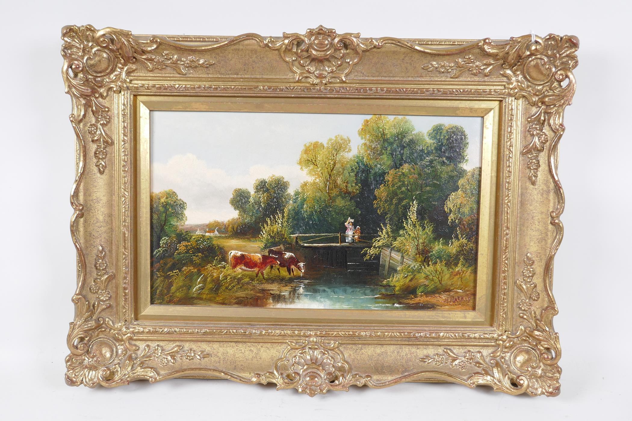 Henry Harris, figures and cattle by a stream, gallery label and some history verso, signed oil on - Image 2 of 7