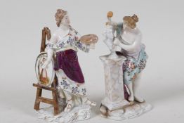 Two early C19th continental porcelain figurines of an artist and sculptress at work, 4½" high