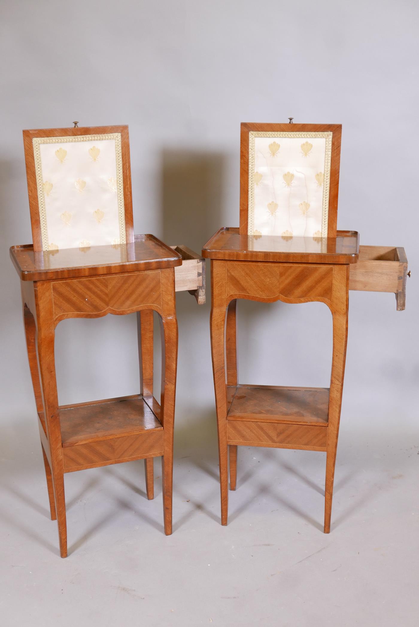 A pair of French parquetry lamp tables, with pull up screens and frieze drawer, the undertier with - Image 2 of 5