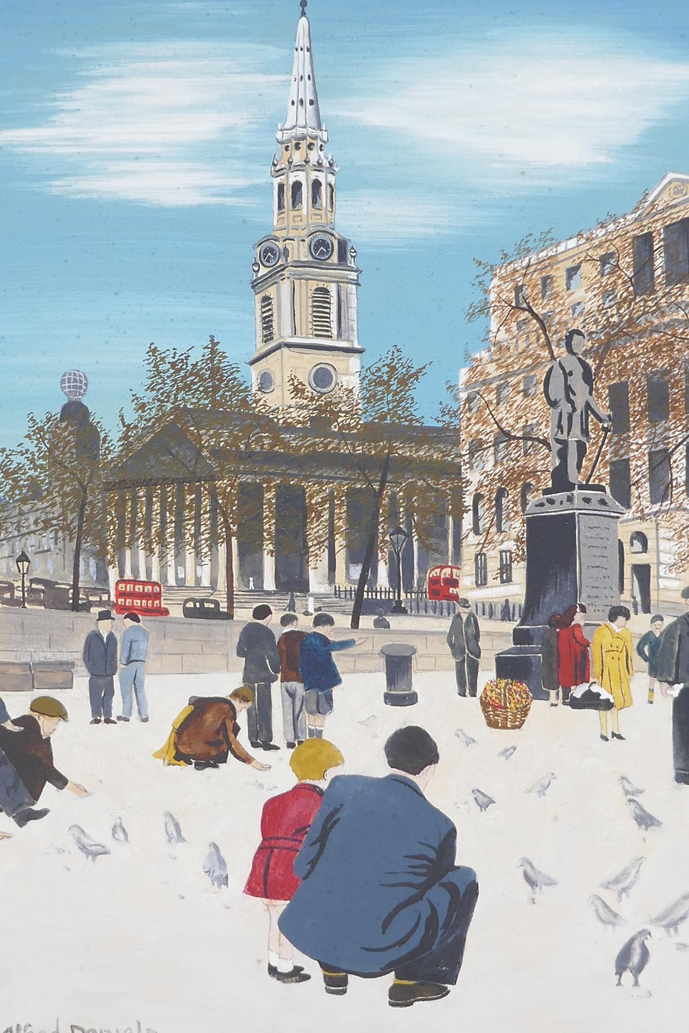 Feeding the Birds, Trafalgar Square, signed Alfred Daniels, gouache, 12" x 9", unframed
