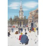 Feeding the Birds, Trafalgar Square, signed Alfred Daniels, gouache, 12" x 9", unframed