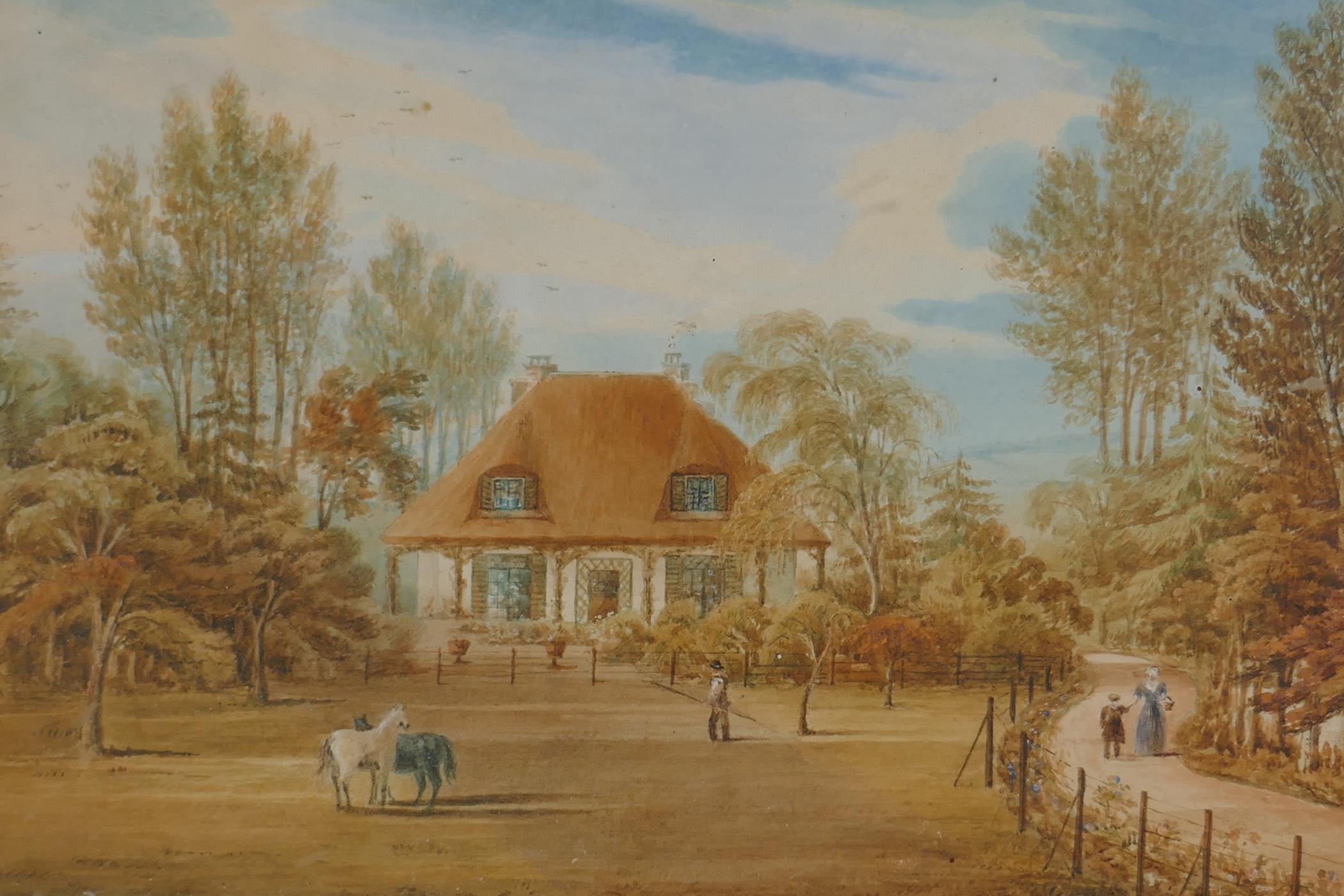 A C19th naive landscape with ponies in a paddock, watercolour, 13" x 9½" - Image 2 of 5