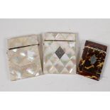 Two C19th Mother of pearl card cases, 4" x 3" and a smaller tortoiseshell card case, A/F all with