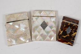 Two C19th Mother of pearl card cases, 4" x 3" and a smaller tortoiseshell card case, A/F all with