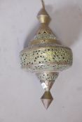 A Moorish pierced brass pendant ceiling lantern, 16" long