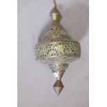 A Moorish pierced brass pendant ceiling lantern, 16" long