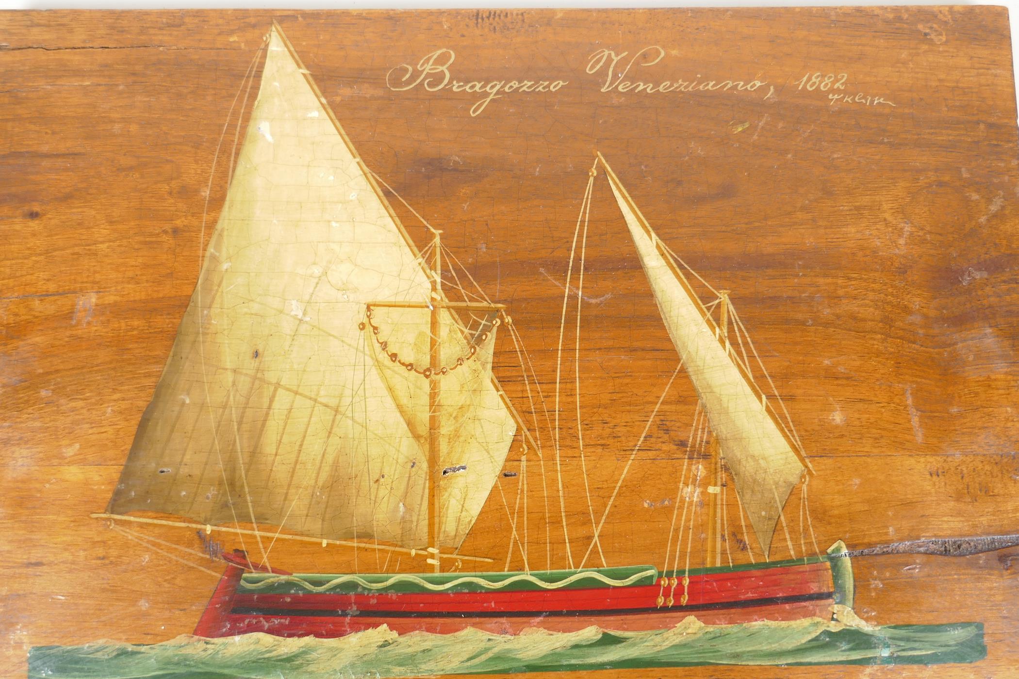 An adriatic sailing boat, 'Bragazzo Venezians, 1882' signed indistinctly, painted on a wood panel, - Image 2 of 4