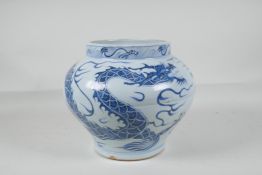 A Yuan style blue & white porcelain jar, decorated with dragons, Chinese, 8" high